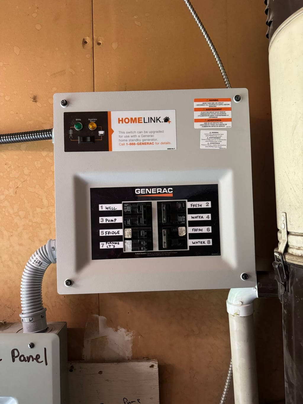 Installed Generac HomeLink manual transfer switch with labeled backup circuits — well pump, fridge, furnace — wired for a Fraser Valley home